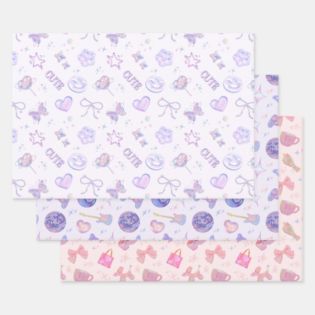 Pastel Purple Pink Y2K Aesthetic Kitsch Pattern Wrapping Paper Sheet (Set)