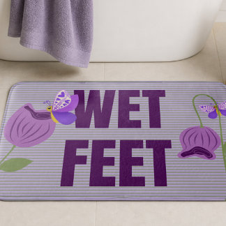 Pastel Purple Pinstriped Cute Floral Bath Mat