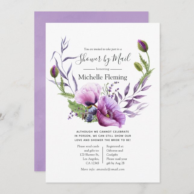 Pastel Purple Poppy Baby or Bridal Shower by Mail Invitation (Front/Back)