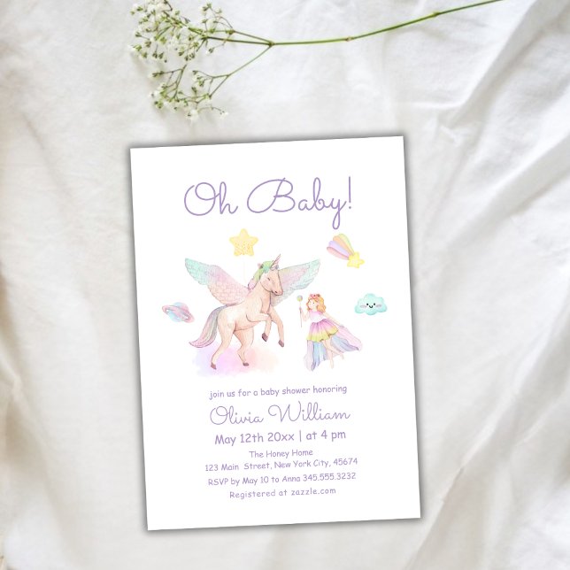 Pastel Purple Princess Unicorn Girl Baby Shower  Invitation (Pastel Purple Princess Unicorn Girl Baby Shower Invitation)