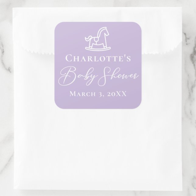 Pastel Purple Rocking Horse Baby Shower Square Sticker (Bag)