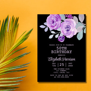 Pastel Purple Rose Floral Black 50th Birthday Invitation