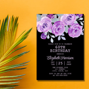 Pastel Purple Rose Floral Black 60th Birthday  Invitation