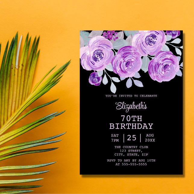 Pastel Purple Rose Floral Black 70th Birthday  Invitation (Creator Uploaded)