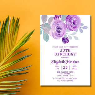Pastel Purple Rose Floral Greenery 30th Birthday  Invitation