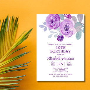 Pastel Purple Rose Floral Greenery 40th Birthday  Invitation