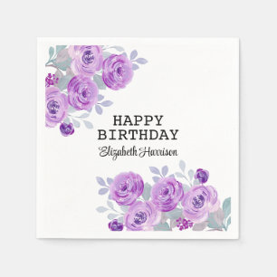Pastel Purple Rose Floral Greenery Happy Birthday  Napkin