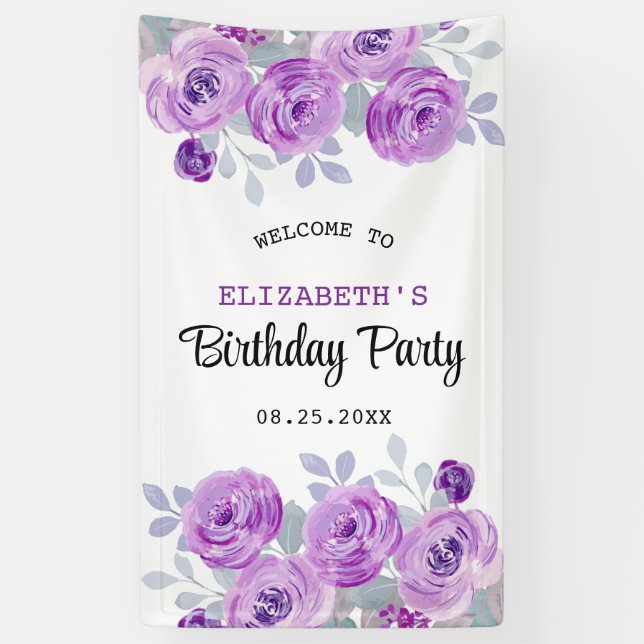 Pastel Purple Rose Greenery Birthday Welcome Banner (Vertical)