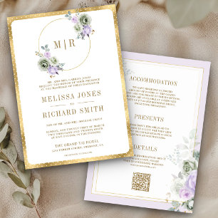 Pastel Purple Sage Green Floral All in One Wedding Invitation