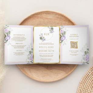 Pastel Purple Sage Green Floral All in One Wedding Tri-Fold Invitation