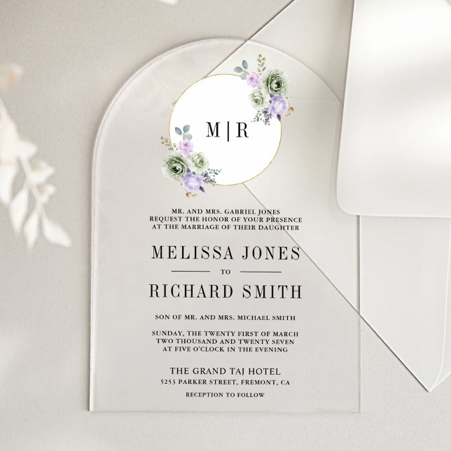 Pastel Purple Sage Green Floral Wedding Acrylic Invitations (Creator Uploaded)