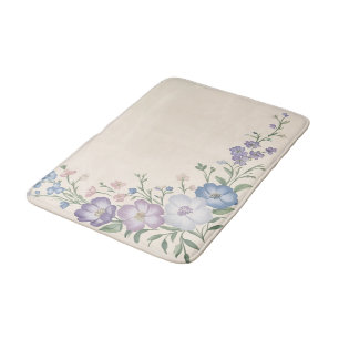 Pastel Purple, White & Blue Botanical Floral Print Bath Mat