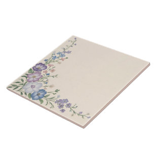 Pastel Purple, White & Blue Botanical Floral Print Ceramic Tile