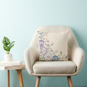 Pastel Purple, White & Blue Botanical Floral Print Cushion
