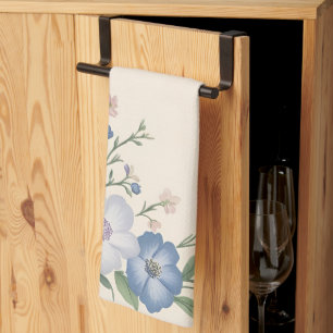 Pastel Purple, White & Blue Botanical Floral Print Tea Towel