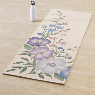 Pastel Purple, White & Blue Botanical Floral Print Yoga Mat