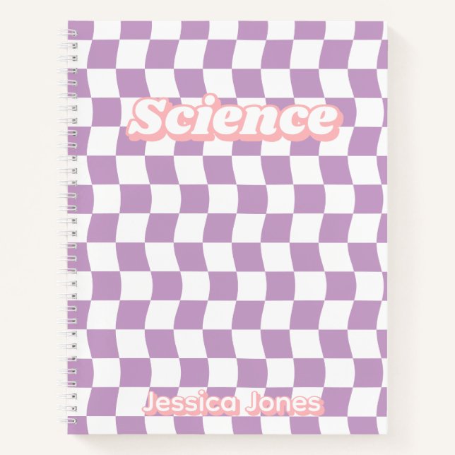 Pastel Purple White Checkerboard Subject Name Notebook (Front)