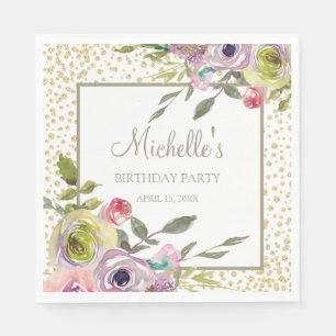 Pastel Purple Yellow Floral Gold Glitter Birthday  Napkin