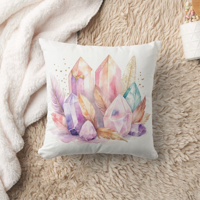 Pastel Quartz Crystals Feathers & Gold Cushion (Blanket)