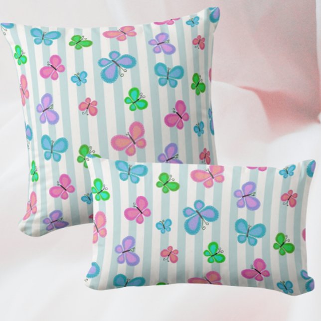 Pastel Quilty Butterflies on Blue White Stripe Lumbar Cushion (Colorful butterflies!)