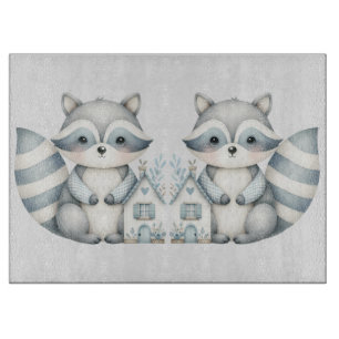 Pastel Raccoon Cottage Neutral Woodland Scene Cutting Board
