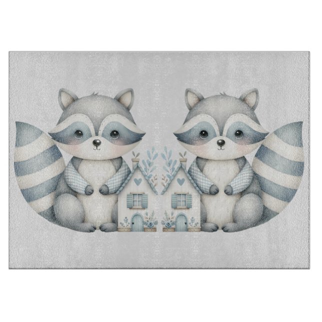 Pastel Raccoon Cottage Neutral Woodland Scene Cutting Board (Front)