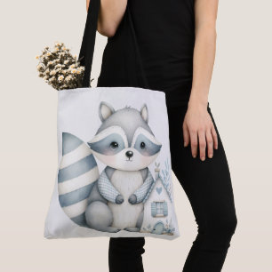 Pastel Raccoon Cottage Neutral Woodland Scene Tote Bag
