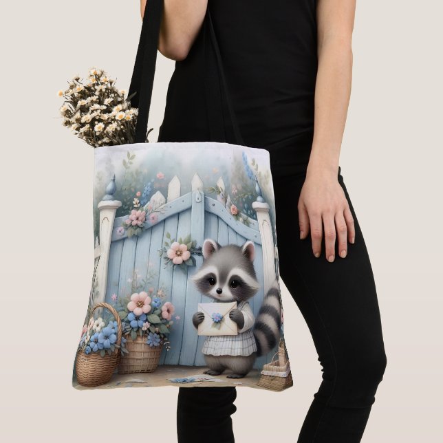 Pastel Raccoon Letter Garden Tote Bag (Close Up)