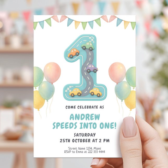 Pastel Racing First Birthday Party Invitation (Creator Uploaded)