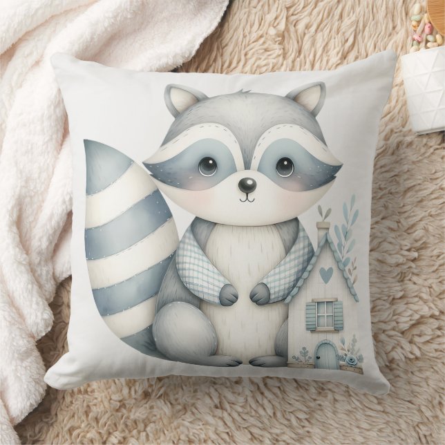 Pastel Racoon Cottage Neutral Woodland Scene Cushion (Blanket)