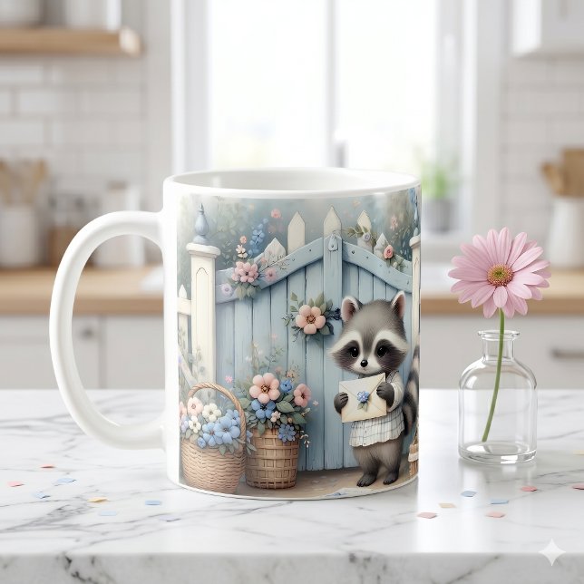 Pastel Racoon Letter Garden Coffee Mug (Pastel Raccoon Letter Garden Coffee Mug)