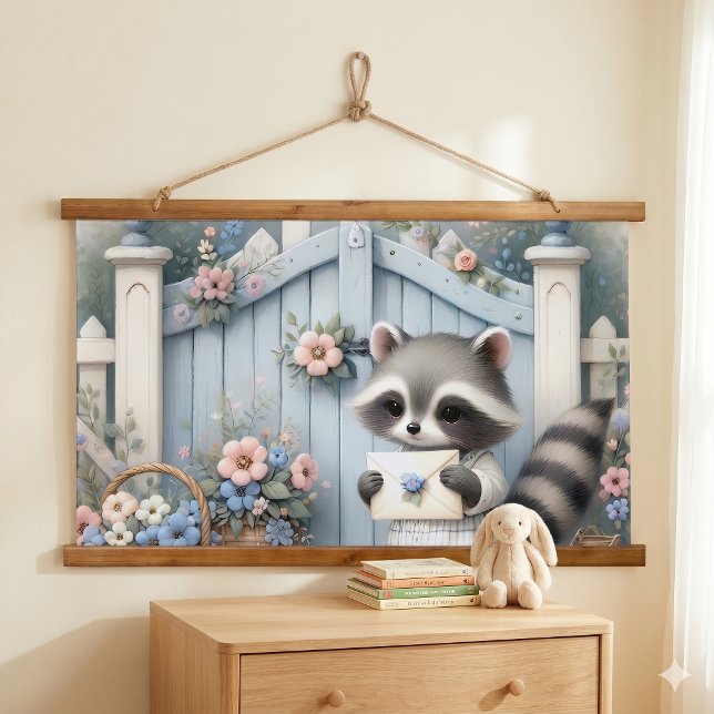 Pastel Racoon Letter Garden Hanging Tapestry (Pastel Raccoon Letter Garden Hanging Tapestry)