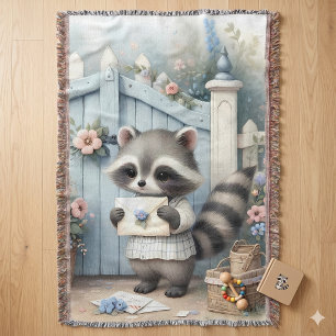 Pastel Racoon Letter Garden Throw Blanket