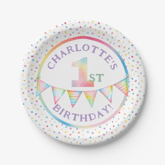 Pastel Rainbow 1st Birthday Paper Plates (Front)