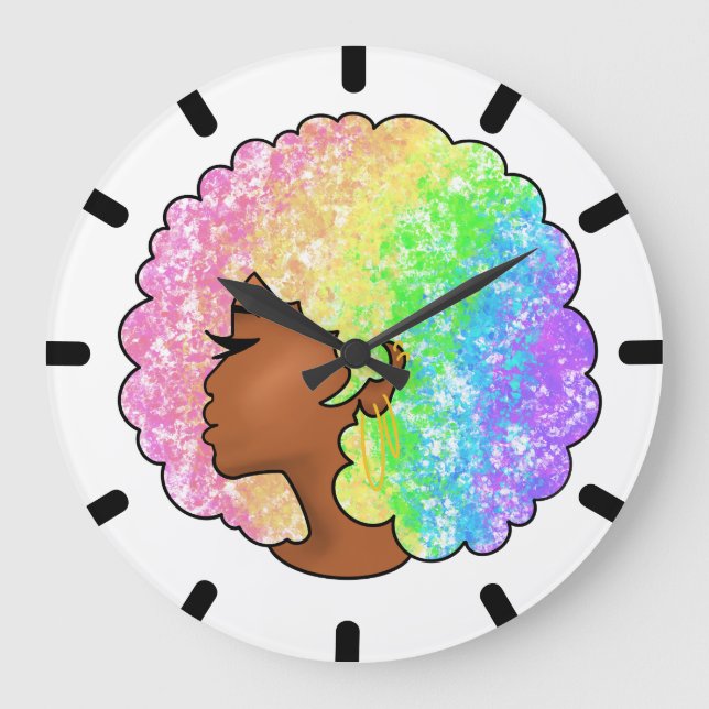 Pastel Rainbow Afro Portrait Groovy Retro Curly  Large Clock (Front)