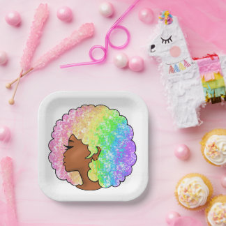 Pastel Rainbow Afro Portrait Groovy Retro Curly  Paper Plate