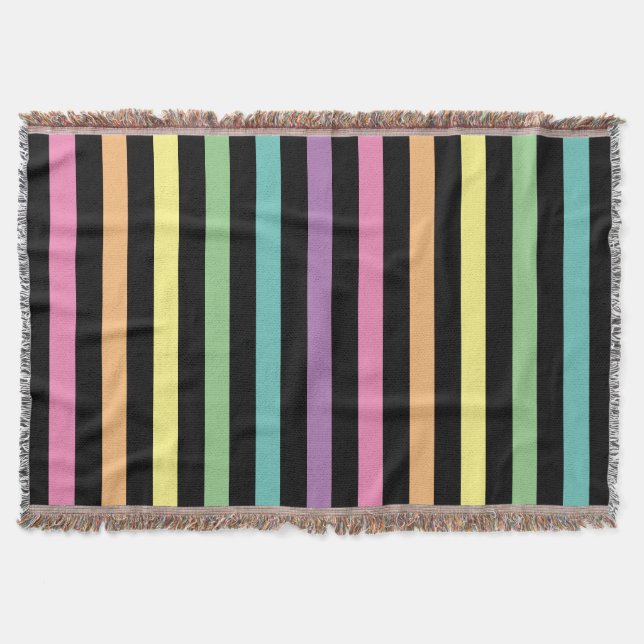 Pastel Rainbow and Black Stripes Pattern Throw Blanket (Front)