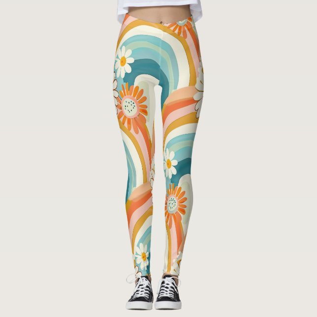 pastel rainbow and floral yoga gym Leggings (Front)