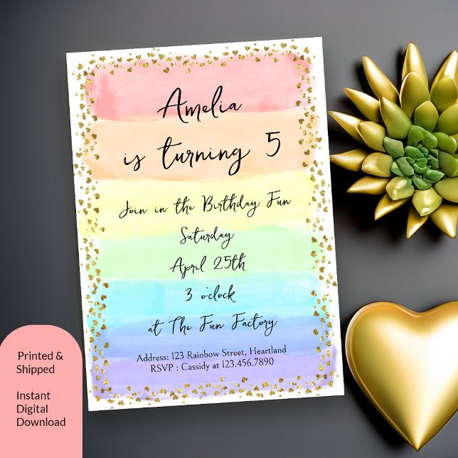 Pastel Rainbow and Gold Hearts Any Age Birthday Invitation (Any Age birthday invitation with rainbow watercolor brushstrokes and gold hearts )