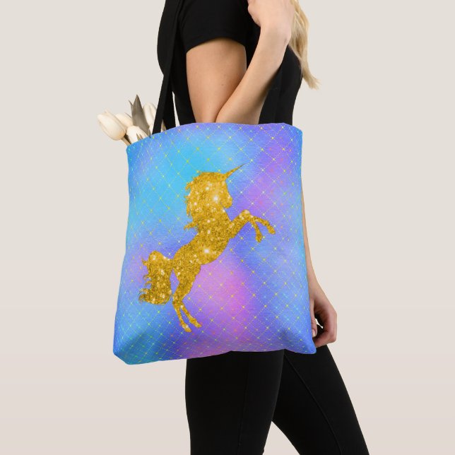 Pastel Rainbow and Gold Unicorn Tote Bag (Close Up)