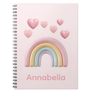 Pastel Rainbow and Hearts with Pink Custom Name Notebook