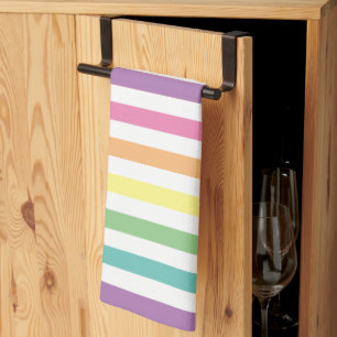 Pastel Rainbow and White Stripes Pattern Striped Tea Towel