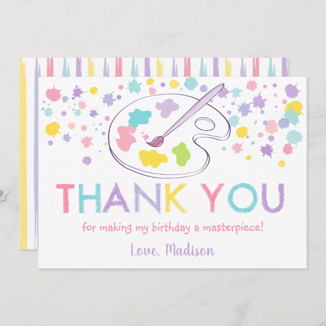 Pastel Rainbow Art Party Birthday Thank You Card (Front/Back)