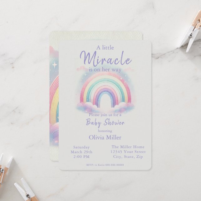 Pastel Rainbow Baby Shower Invitation for Girls (Front/Back In Situ)