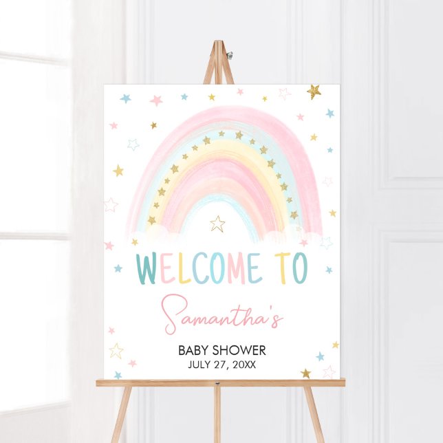 Pastel Rainbow Baby Shower Welcome Poster (Pink Boho Rainbow Baby Shower Welcome Sign)
