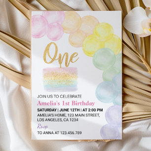 Pastel Rainbow Balloon 1st Birthday Invitation