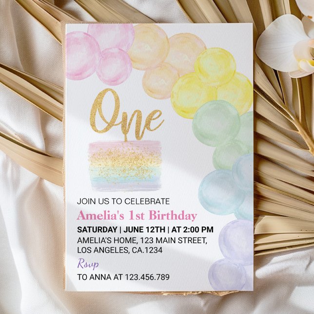 Pastel Rainbow Balloon 1st Birthday Invitation (Creator Uploaded)