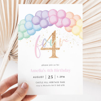 Pastel Rainbow Balloon Arch 4th Birthday Party Invitation