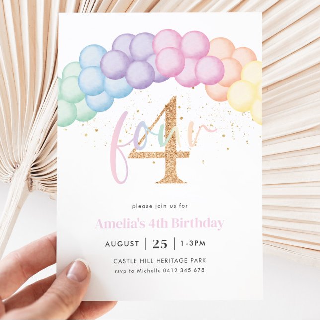 Pastel Rainbow Balloon Arch 4th Birthday Party Invitation (Pastel Balloon Arch 4th Birthday Invitation)