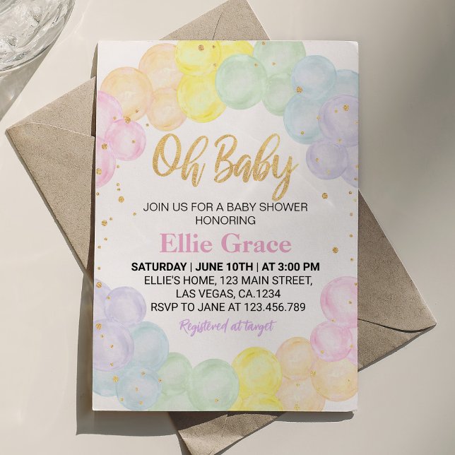 Pastel Rainbow Balloon Baby Shower Invitation (Creator Uploaded)